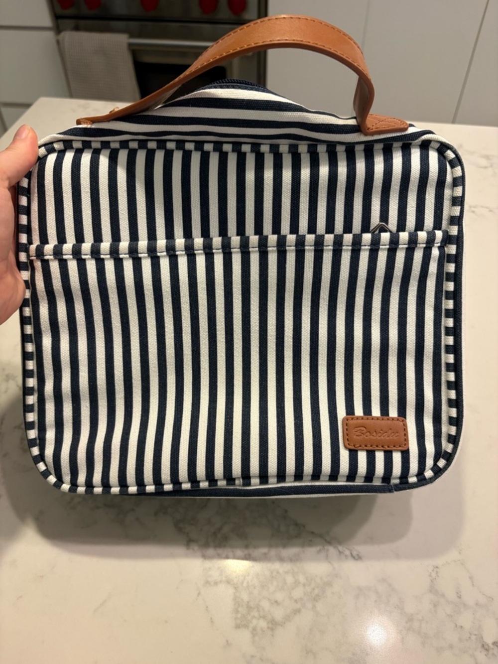 Striped Navy & White Travel Toiletry Bag with Tan Handle